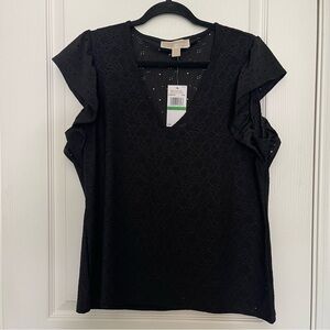Michael Kors Black Ruffled Eyelet Short Sleeve Blouse Size L